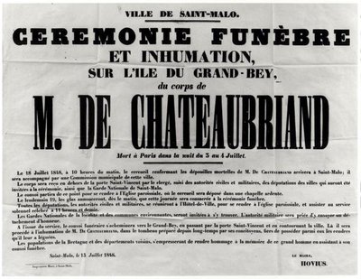 Poster for the Funeral of Francois Rene de Chateaubriand in St. Malo 18th July 1848 by French School